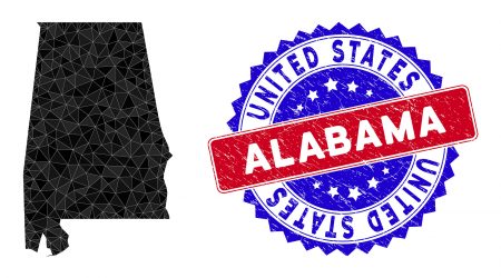 Alabama State Map Polygonal Mesh With Filled Triangles, And Uncl Alabama State map polygonal mesh with filled triangles, and unclean bicolor stamp imitation. Triangle mosaic Alabama State map with mesh vector model, triangles have different sizes, and positions,