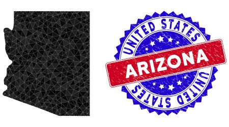 Arizona State Map Polygonal Mesh With Filled Triangles, And Text Arizona State map polygonal mesh with filled triangles, and textured bicolor stamp seal. Triangle mosaic Arizona State map with mesh vector model, triangles have various sizes, and positions,