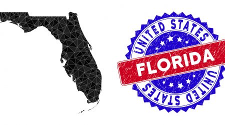 Florida Map Polygonal Mesh With Filled Triangles, And Rubber Bic Florida map polygonal mesh with filled triangles, and rubber bicolor rubber seal. Triangle mosaic Florida map with mesh vector model, triangles have randomized sizes, and positions, and color tints.