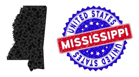 Mississippi State Map Polygonal Mesh With Filled Triangles, And Mississippi State map polygonal mesh with filled triangles, and unclean bicolor stamp seal. Triangle mosaic Mississippi State map with mesh vector model, triangles have variable sizes, and positions,